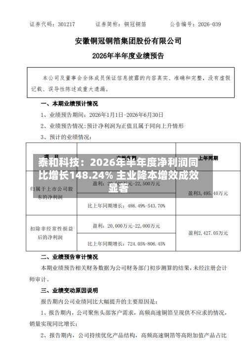泰和科技：2026年半年度净利润同比增长148.24% 主业降本增效成效显著-第1张图片